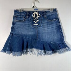 Womens Tinseltown Denim Mini Skirt Lace Up Front Raw Hem 5 Blue Stretchy